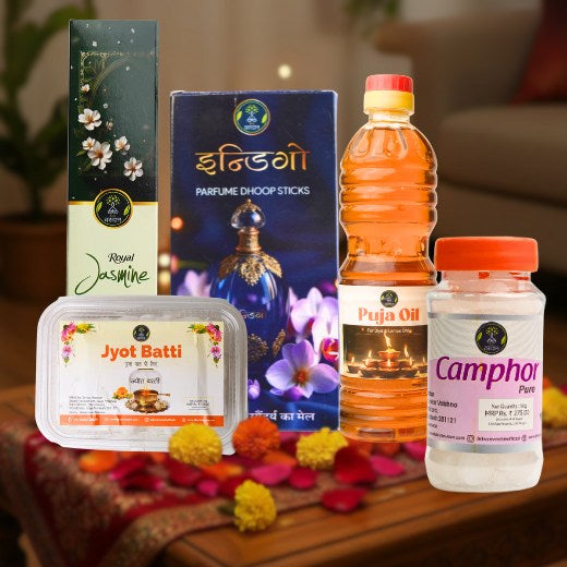 Royal Jasmine bambooless incense stick & pooja oil+ jot batti & indigo dhoop sticks & camphor