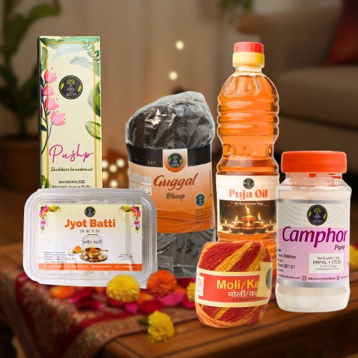 Pushp bambooless incense sticks & Guggal Dhoop & pooja oil & jot batti & camphor & moli