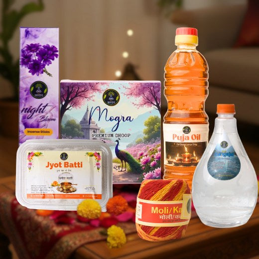 Night bloom bambooless incense sticks & pooja oil & jot batti & mogra premium dhoop & Ganga Jal & moli